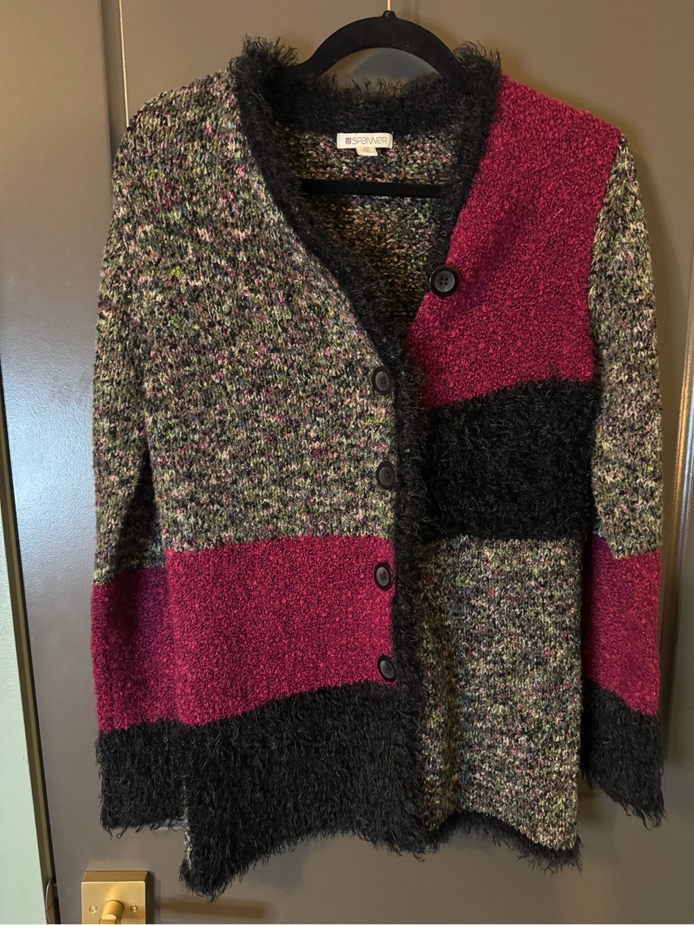 SPANNER Multicolor Tweed Cardigan with Black Fuzzy Trim collar - Ladies Small
